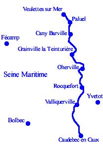 Randonnée avec le GR212 à travers la Seine Maritime de Caudebec en Caux à Veulettes sur Mer via Valliquerville, Rocquefort, Oherville, Grainville la Teinturière, Cany Barville et Paluel. Gîtes d'étapes, Chambres d'hôtes, Refuges.