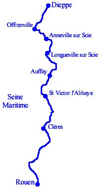 Randonnée avec le GRP du Chasse Marée à travers la Seine Maritime de Dieppe à Rouen via Offranville, Anneville sur Scie, Longueville, St Victor l'Abbaye et Clères. Gîtes d'étapes, Chambres d'hôtes, Refuges.