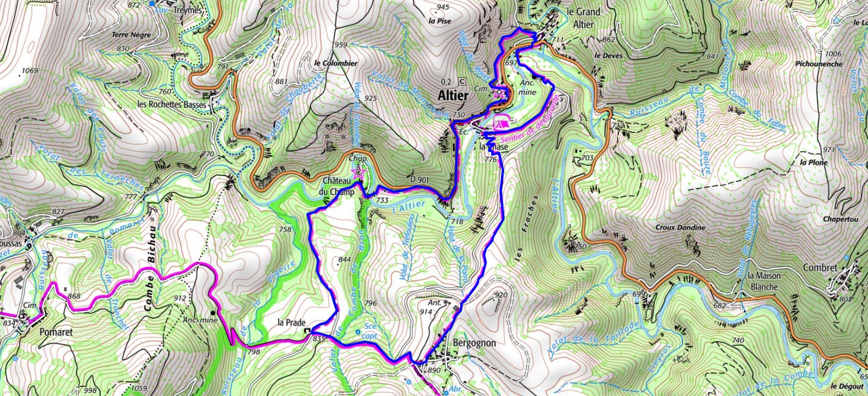 Randonnée de 7,3km à Altier en Lozère IGN