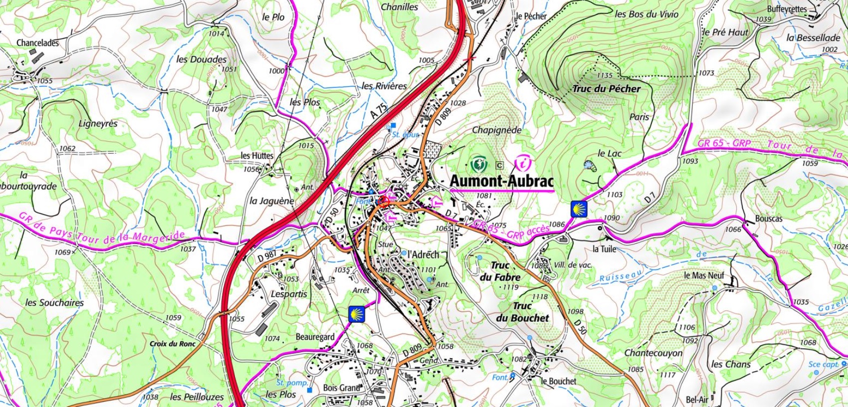 IGN Carte et plan du village de Aumont-Aubrac en Lozère (Occitanie). Chemins de randonnées: GR®65 Chemin de Saint Jacques de Compostelle, Tour de Margeride, Tour des Monts d'Aubrac.