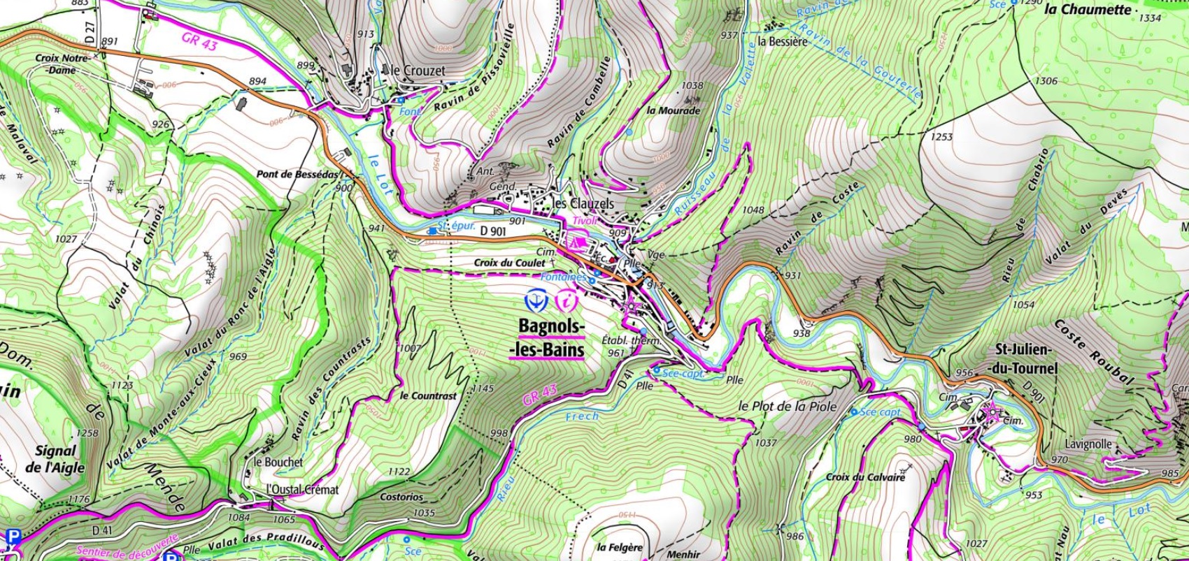 Carte et plan du village de Bagnols-les-Bains, sur les bords du Lot, en Lozère (Occitanie). Chemins de randonnées: GR®43, GR®44 et GR®68 Tour du Mont Lozère.