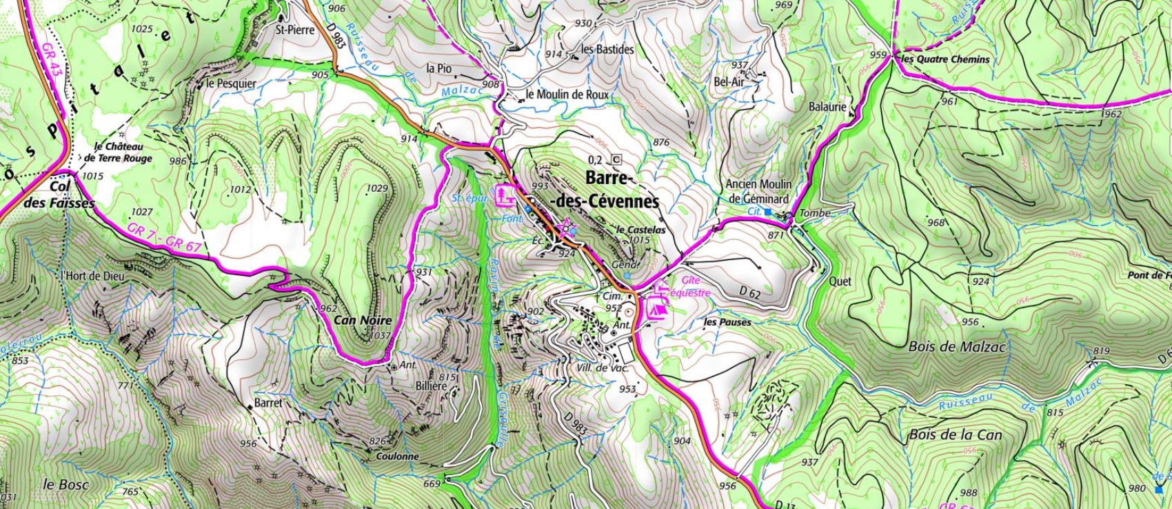 IGN Carte et plan du village de Barre-des-Cévennes en Lozère (Occitanie). Chemins de randonnées: GR®7, GR®67 et GR®72.