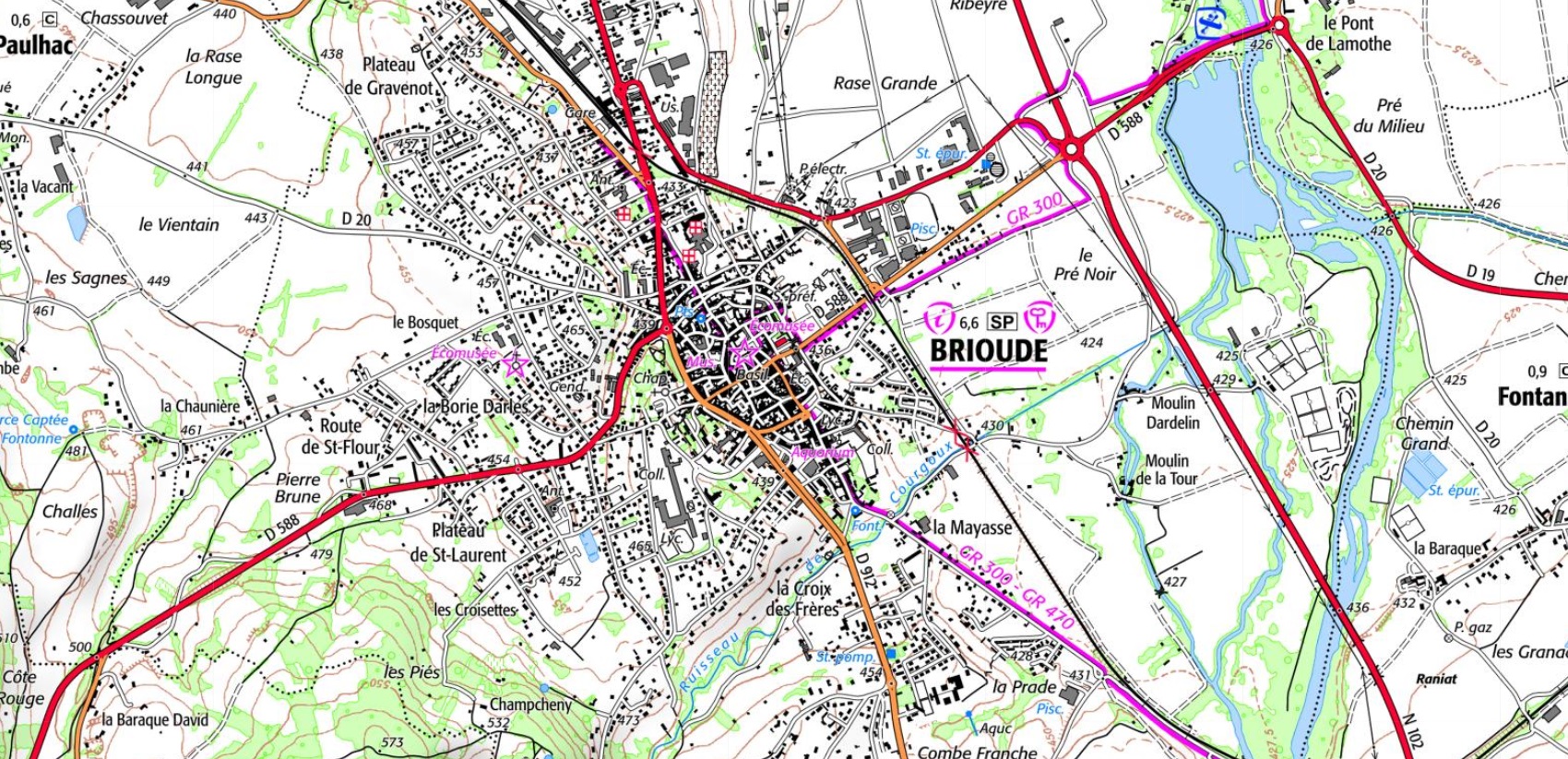 IGN Carte et plan de la ville de Brioude en Haute-Loire (Auvergne-Rhône-Alpes). Chemins de randonnées: GR®300, GR®470 Sentier des Gorges de l'Allier.