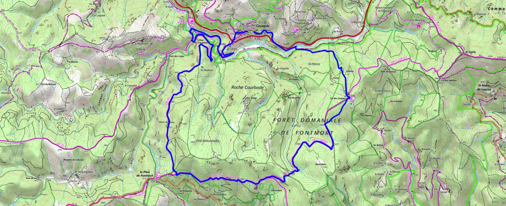 IGN Randonnée en boucle de 16,8km au départ de Cassagnas en Lozère par les GR®72, GR®7, GR®67 Tour du Pays Cévenol et le GR®70 chemin de Stevenson.