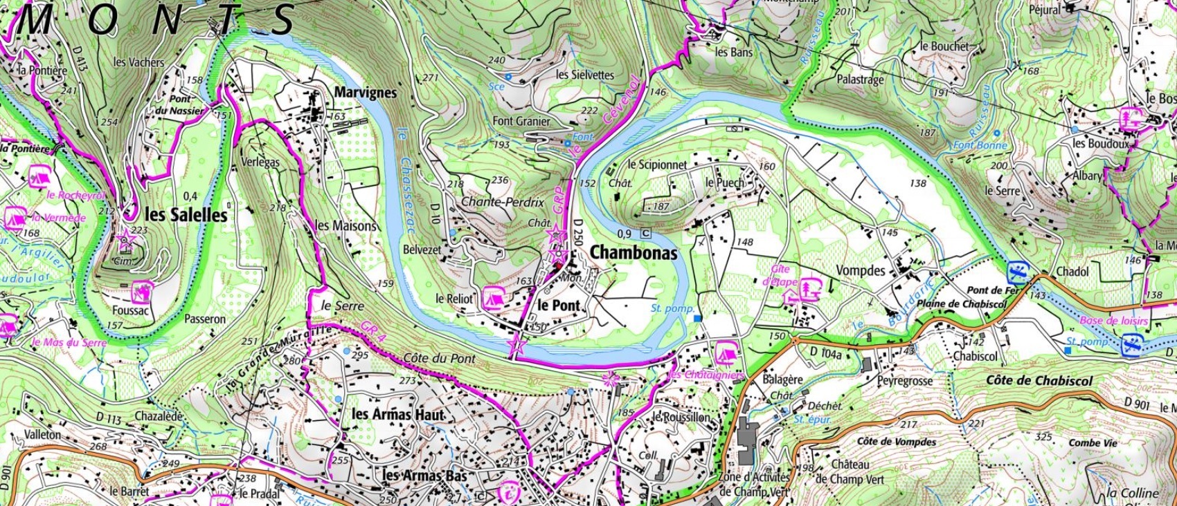 IGN Carte et plan du village de Chambonas en Ardèche (Auvergne-Rhône-Alpes). Chemins de randonnées: GR de Pays Le Cévenol et GR®4.