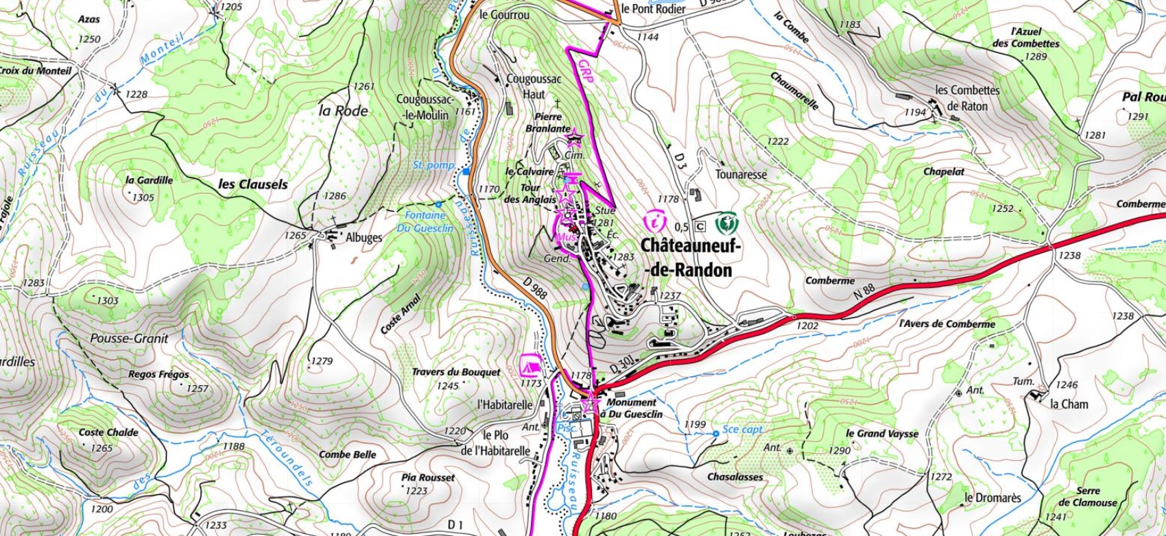 IGN Carte et plan du village de Châteauneuf de Randon en Lozère (Occitanie). Chemins de randonnées: Tour de Margeride et Tour du Gévaudan.