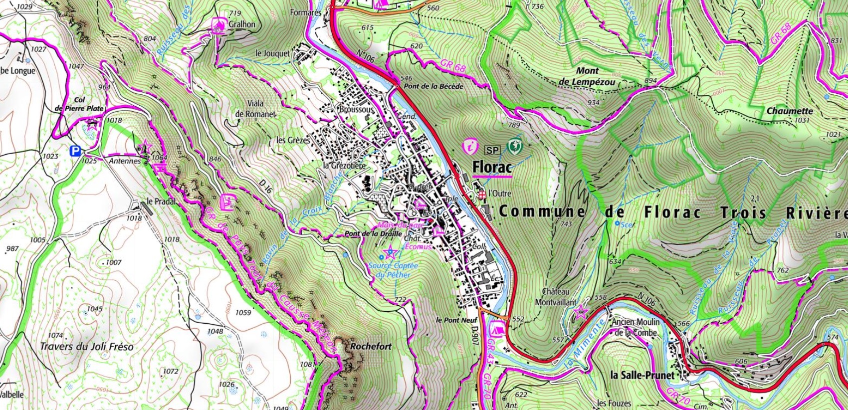 Carte et plan de la petite ville de Florac en Lozère (Occitanie). Chemins de randonnées: GR®43, GR®68 Tour du Mont Lozère, GR®70 chemin Stevenson et Tour du Causse Méjean.