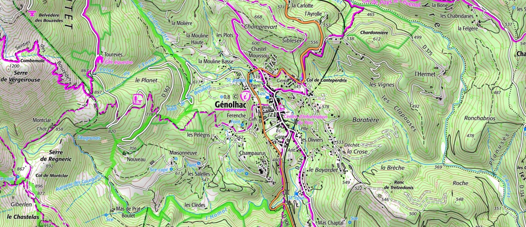 IGN Carte et plan du village de Génolhac dans le Gard (Occitanie). Chemins de randonnées: GR de Pays Le Cévenol, GR®700 Voie Régordane et GR®68 Tour du Mont Lozère.