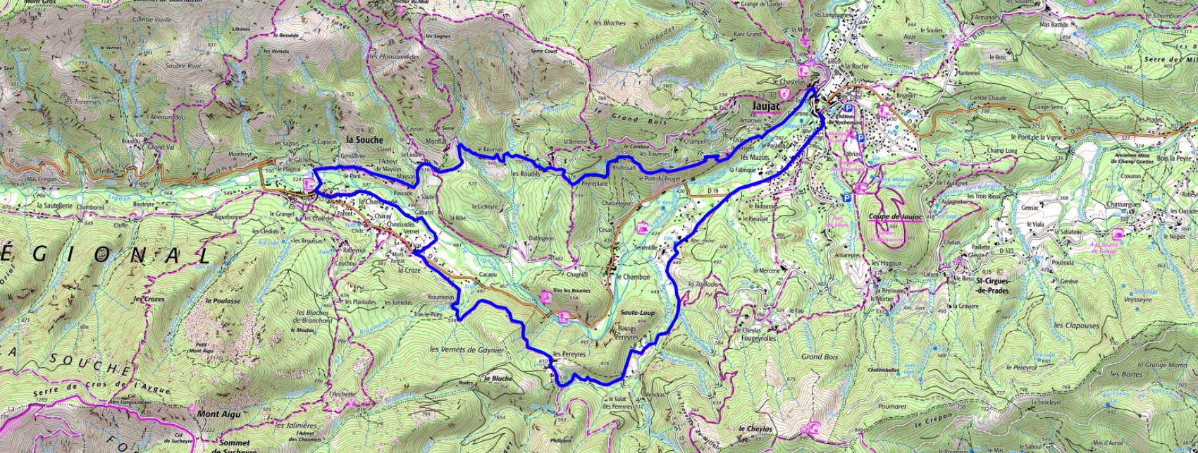 IGN Randonnée de 14km à Jaujac en Ardèche (Auvergne-Rhône-Alpes)