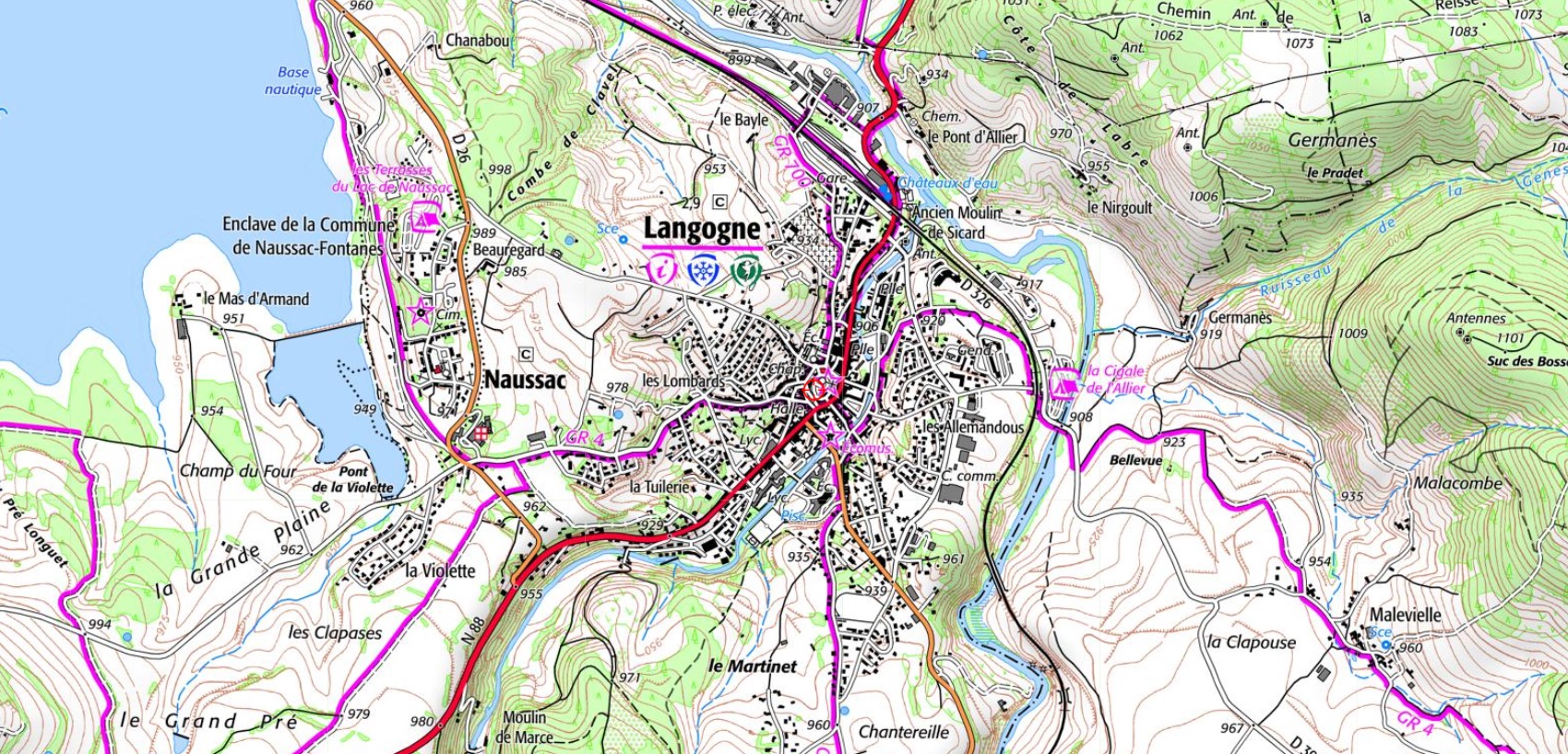 IGN Carte et plan de Langogne au bords du Langouyrou et de l'Allier en Lozère (Occitanie). Randonnées: GR®70 Chemin Stevenson, GR®700 Voie Régordane, GR®470 sentier des Gorges de l'Allier et GR®4.