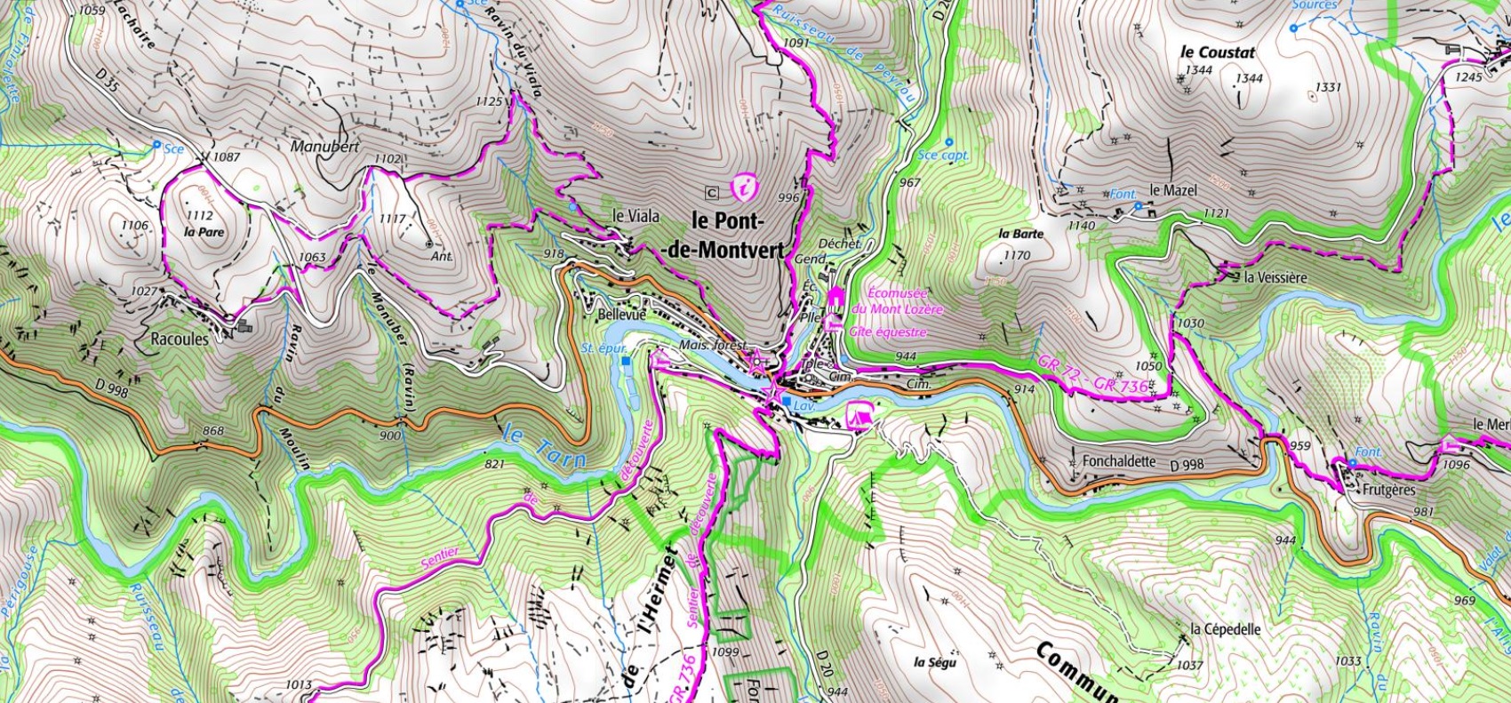 Carte et plan du Pont de Montvert en Lozère (Occitanie) sur Google Maps. Chemins de randonnées: GR®70 sentier de Stevenson et GR®72.