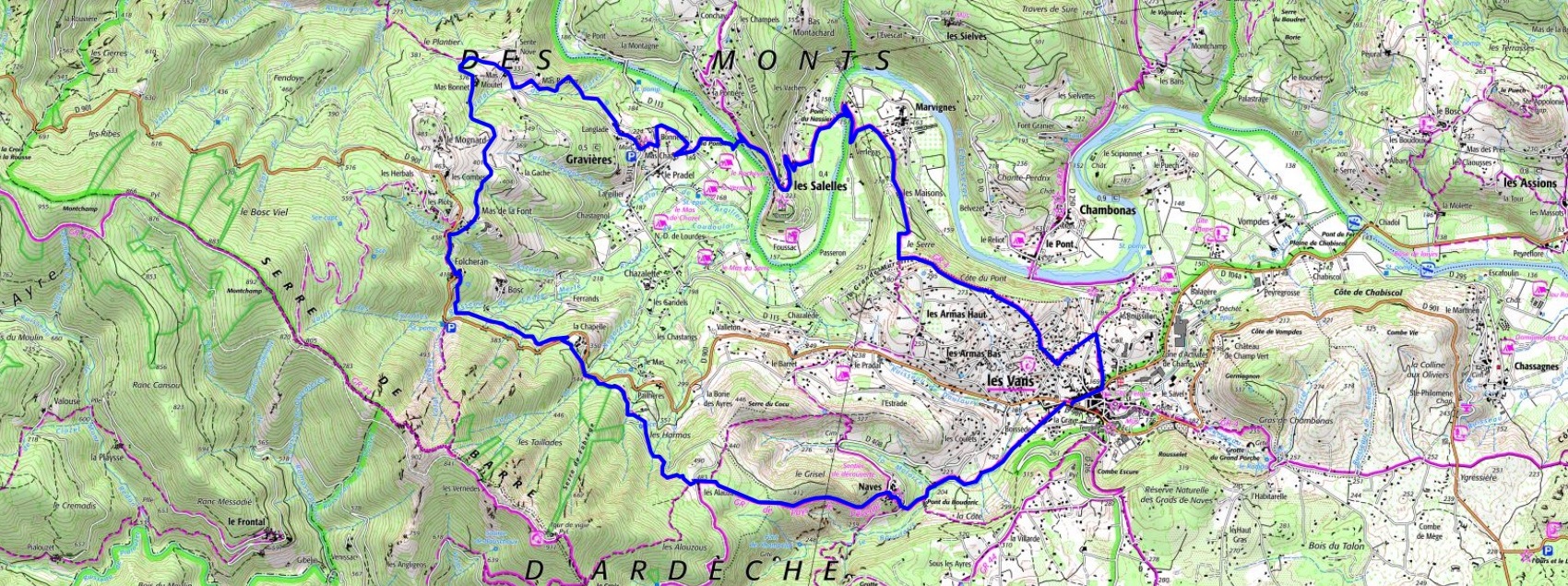 IGN Randonnée pédestre en boucle de 16,5km au départ des Vans en Ardèche