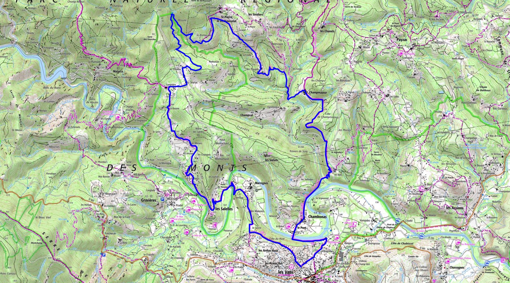 IGN Randonnée pédestre en boucle de 22,5km au départ des Vans en Ardèche