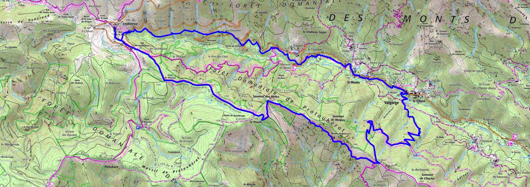IGN Randonnée en boucle de 20,5km au départ de Loubaresse en Ardèche (Auvergne-Rhône-Alpes) via le Mas de Truc, Conches, Borne, Chazalettes, les Chambons et Pratarabiat.