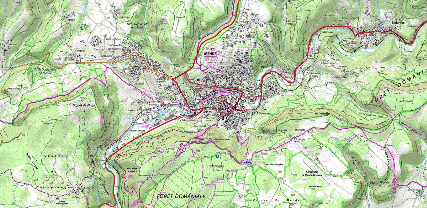 IGN Carte de la ville de Mende en Lozère (Occitanie). Chemin de randonnée: GR®670 Sentier Urbain V.