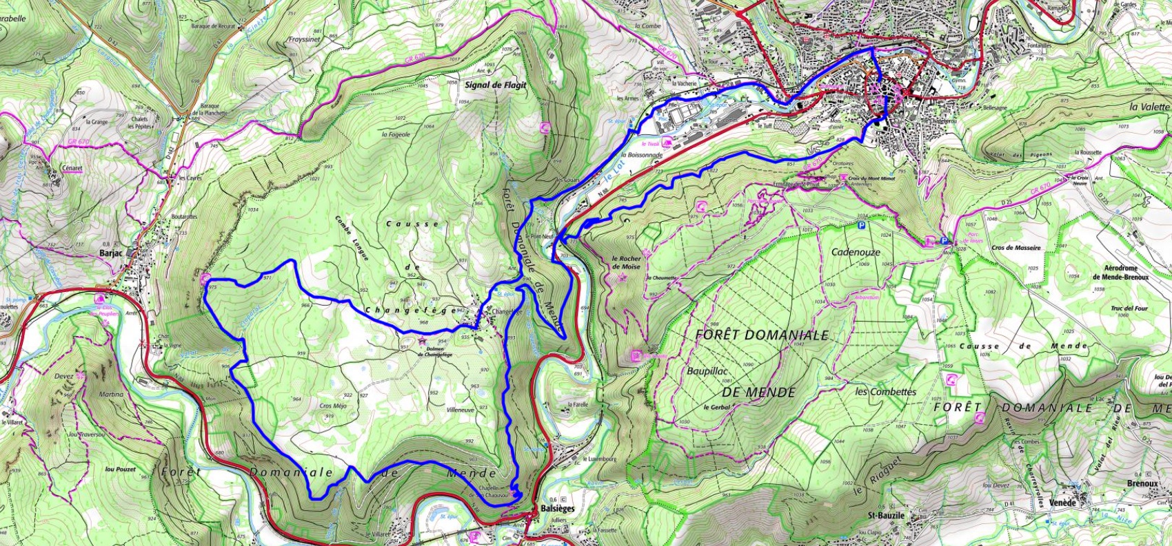 IGN Circuit de randonnée à Mende en Lozère de 22,7km.