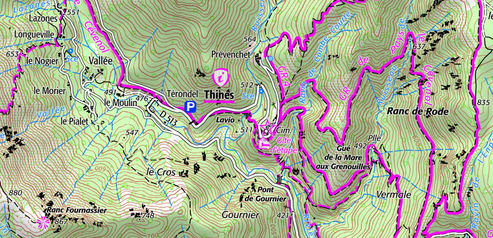 IGN Thines en Ardèche (Auvergne-Rhône-Alpes). Chemins de randonnées: GR de Pays Le Cévenol et le GR®4.